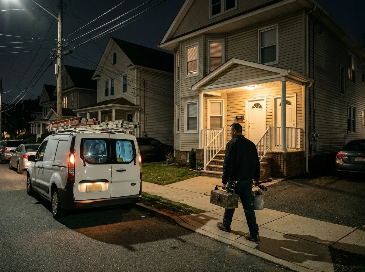 Kearny plumber arriving at a home at night for an emergency call